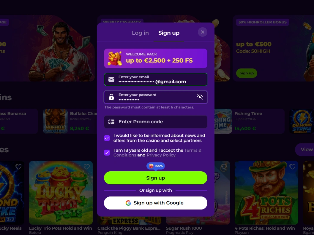 Sign-up form showing email, password, promo code fields and consent checkboxes