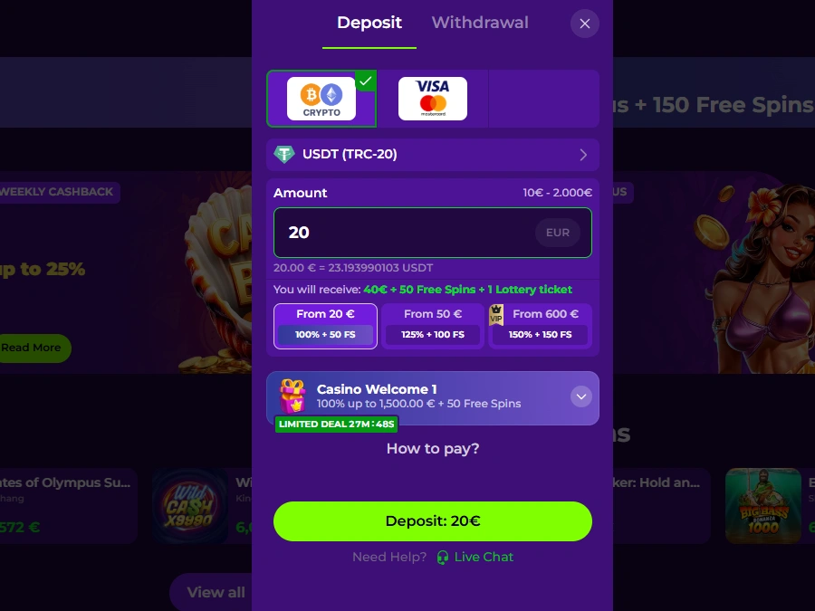 Deposit screen showing USDT payment option, entered amount and reward tiers